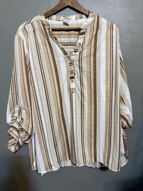 Love Potion Casual Striped Button-Front Tunic in Brown and White